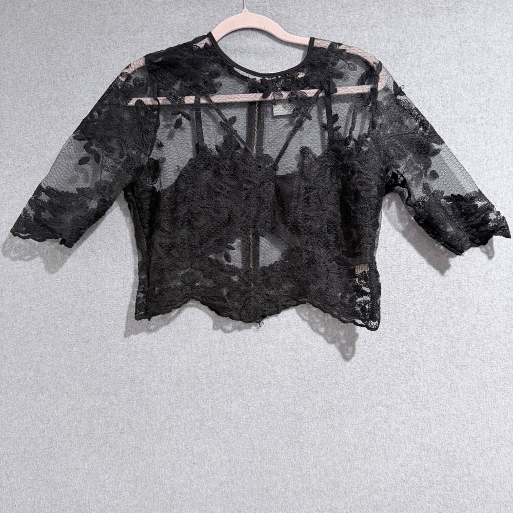 Black Floral Lace Sheer coquette Crop Top Half Sleeve Back Zip Med Romantic Goth